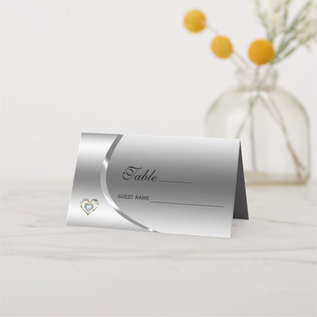 Metallic Silver Background With Diamonds Heart Place Card (Front)