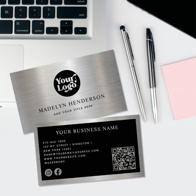 Metallic Silver Black Logo QR Code Social Media  Business Card (Creator Uploaded)
