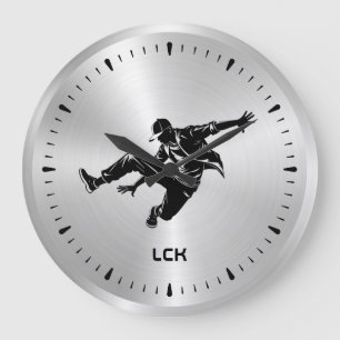 Metallic Silver Black Silhouette Hip Hop Dancer Large Clock