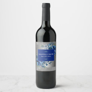 Metallic Silver & Blue Petals: A Taste of Elegance Wine Label