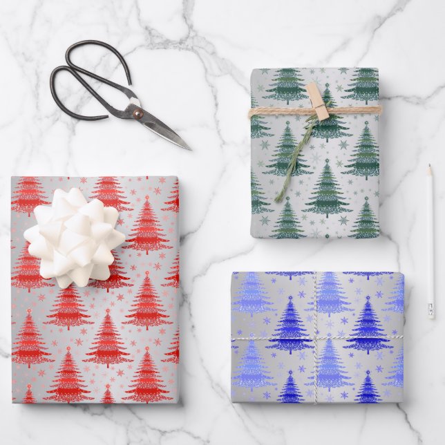 Metallic Silver Christmas Trees Pattern Glitter Wrapping Paper Sheet (Front)