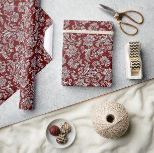 Metallic Silver & Dark Red Vintage Damasks Pattern Wrapping Paper