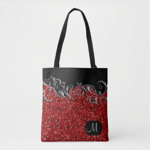 Metallic Silver Floral with Red Confetti Tote Bag