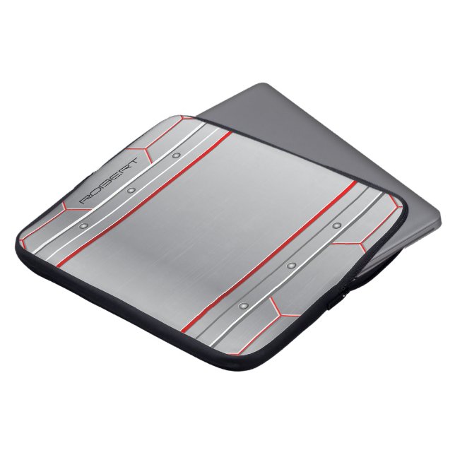 Metallic silver geometric design red accent laptop sleeve (Front Top)