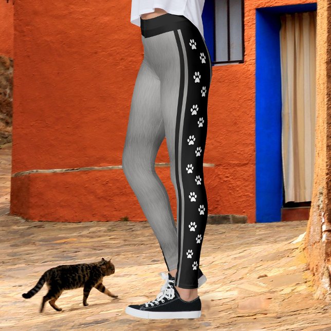 Metallic Silver Grey Black and White Paw Print Leggings (Creator Uploaded)