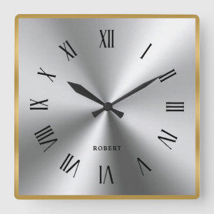 Metallic Silver Grey Gold Border Roman Numerals Square Wall Clock