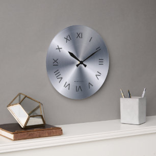 Metallic Silver Grey Texture Custom Monogram Large Clock