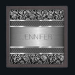 Metallic Silver Grey Vintage Floral Damasks 2 Keepsake Box<br><div class="desc">Black and silver grey metallic design brushed aluminium look and metallic vintage floral damasks. Custom and optional monogram. Design is available on other products and can be requested on any product we offer at Zazzle. This is not a metal but image that looks metallic.</div>