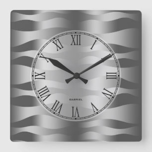 Metallic Silver Grey Wavy Zebra Stripes Pattern Square Wall Clock