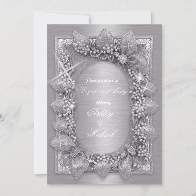 metallic silver leaves luxury fashionable chic invitation (Front)