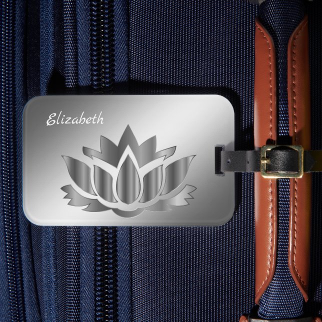 Metallic silver lotus flower luggage tag (Front Insitu 4)