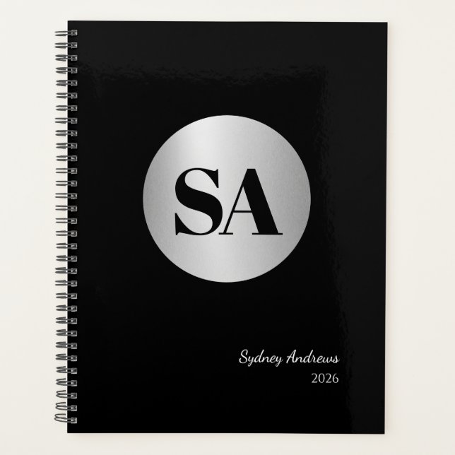 Metallic Silver Monogram Logo Calendar Planner (Front)