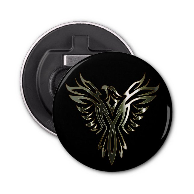 Metallic Silver Phoenix on Black Bottle Opener (Front)