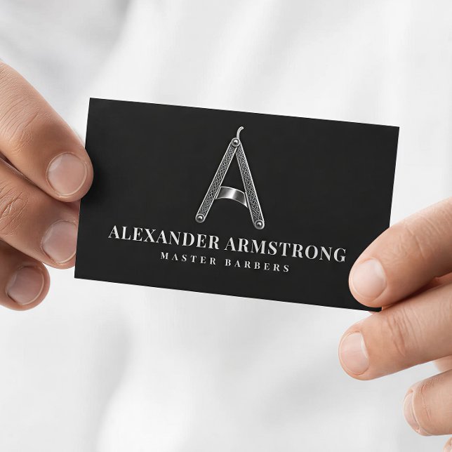 Metallic Silver Razor Monogram A Barber Shop Business Card (Creator Uploaded)