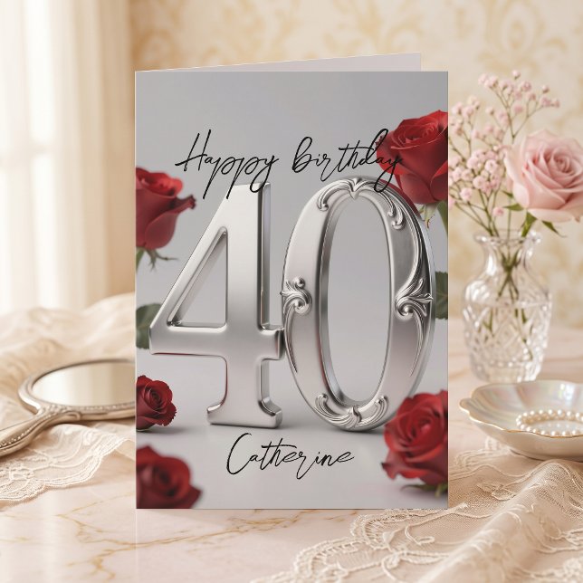 Metallic Silver Red Roses Milestone 40th Birthday  Card (Creator Uploaded)