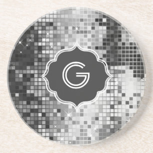 Metallic Silver Sequins Look Disco Mirror-Monogram Coaster