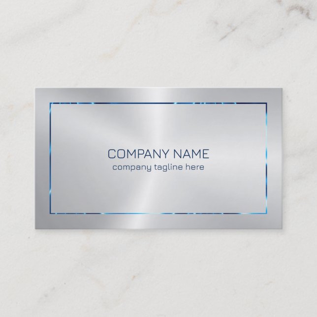 Metallic silver texture blue border business card (Front)