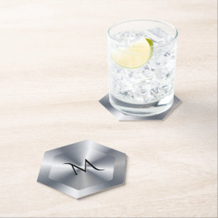 Metallic silver texture personalised monogram paper coaster