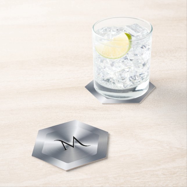 Metallic silver texture personalised monogram paper coaster (Insitu)