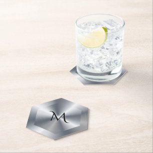 Metallic silver texture personalised monogram paper coaster