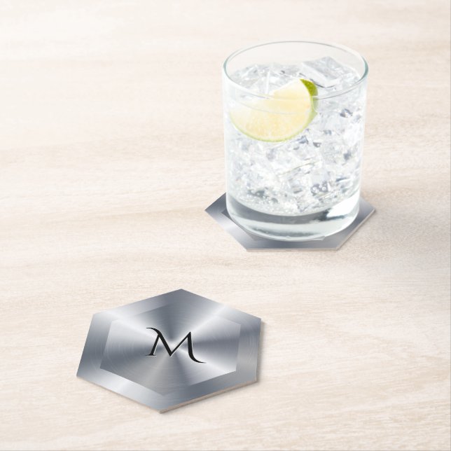 Metallic silver texture personalised monogram paper coaster (Insitu)