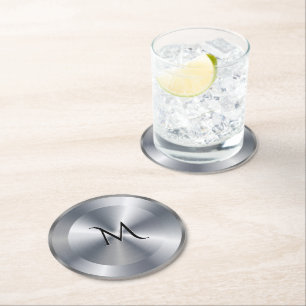 Metallic silver texture personalised monogram round paper coaster
