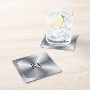 Metallic silver texture personalised monogram square paper coaster