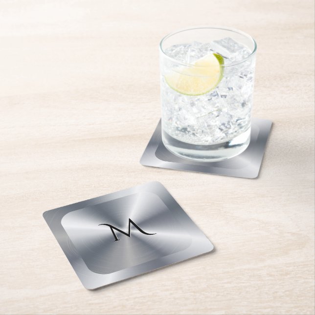 Metallic silver texture personalised monogram square paper coaster (Insitu)