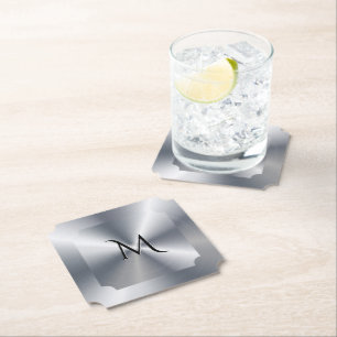 Metallic silver texture personalized monogram paper coaster