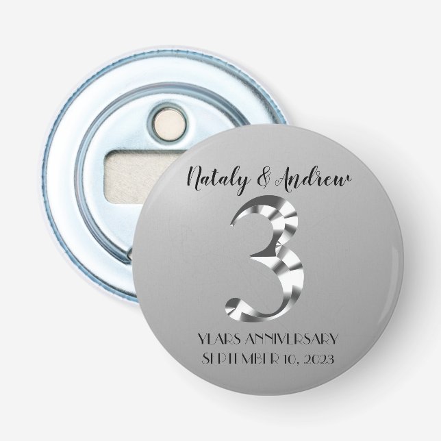 Metallic Silver Third Wedding Anniversary Bottle Opener (Front)