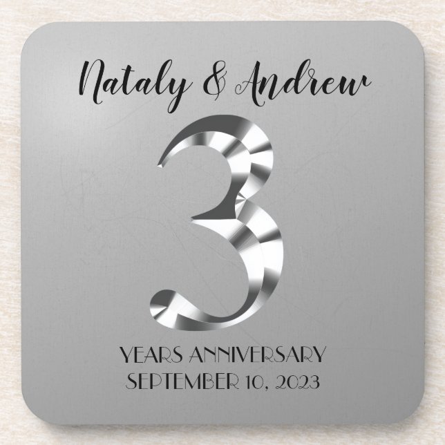 Metallic Silver Third Wedding Anniversary Coaster (Front)