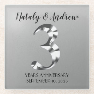Metallic Silver Third Wedding Anniversary Glass Coaster