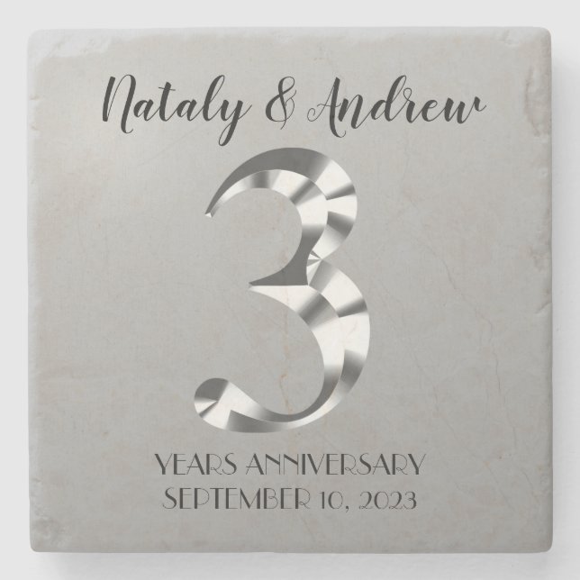 Metallic Silver Third Wedding Anniversary Stone Coaster (Front)