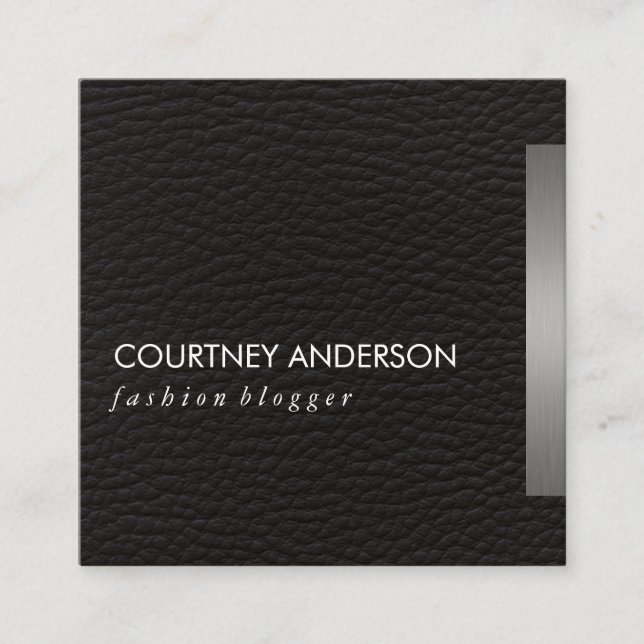 Metallic Silver Trim and Leather Square Business Card (Front)