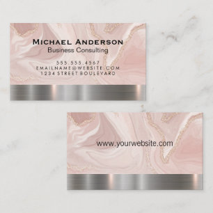 Metallic Silver Trim Pink Marble Gold Flake Business Card