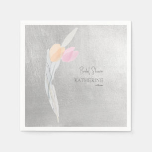 Metallic Silver Watercolor Tulip Cocktail Napkin