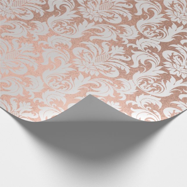 Metallic Skinny Rose Gold Coppe Grey Silver Damask Wrapping Paper (Corner)