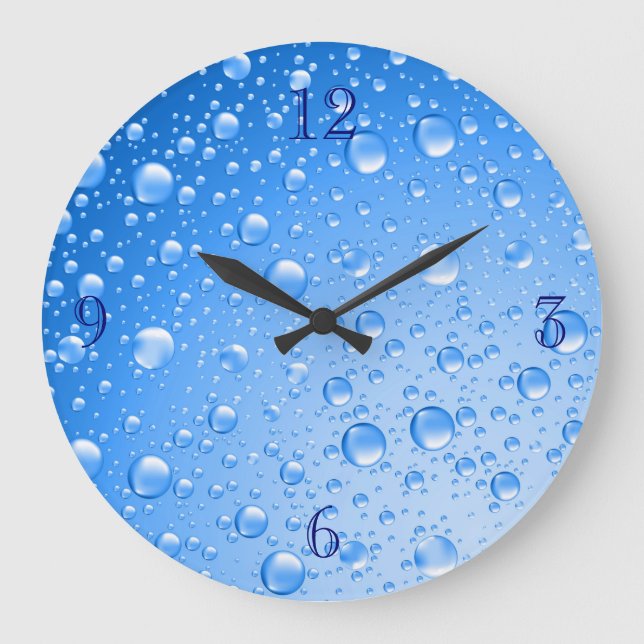 Metallic Sky Blue Rain Drops Large Clock (Front)