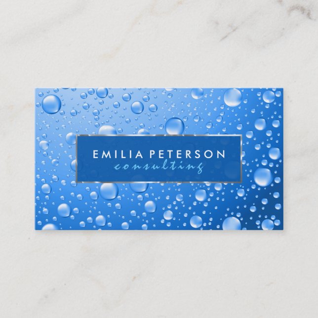 Metallic Sky Blue Rain Drops Silver Accents Business Card (Front)
