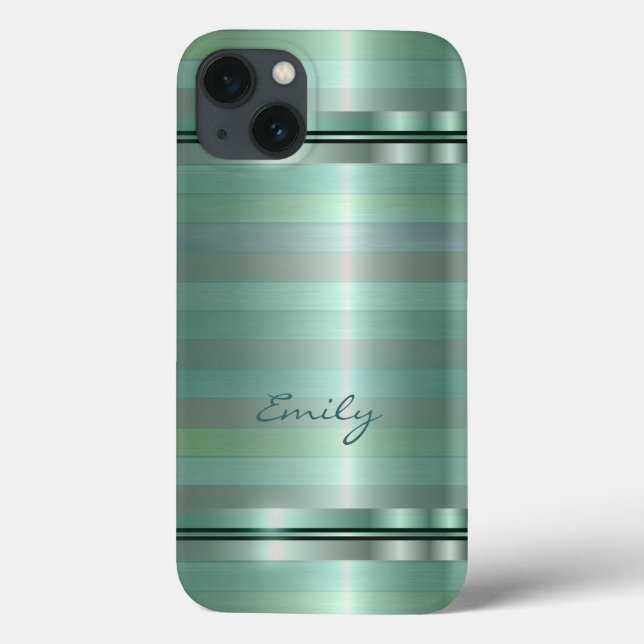 Metallic Soft Green Stripes Pattern Monogram Case-Mate iPhone Case (Back)