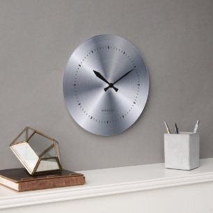 Metallic Stainess Steel Texture Custom Monogram Large Clock