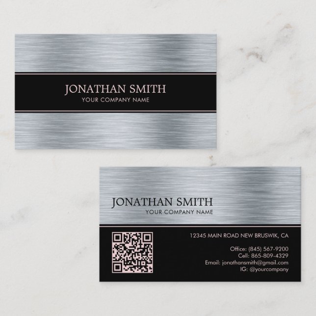 Metallic Stainless Steel Pale Pink QR Code Business Card (Front/Back)