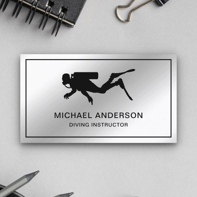 Metallic Steel Silver Scuba Diving Instructor Business Card (Creator Uploaded)