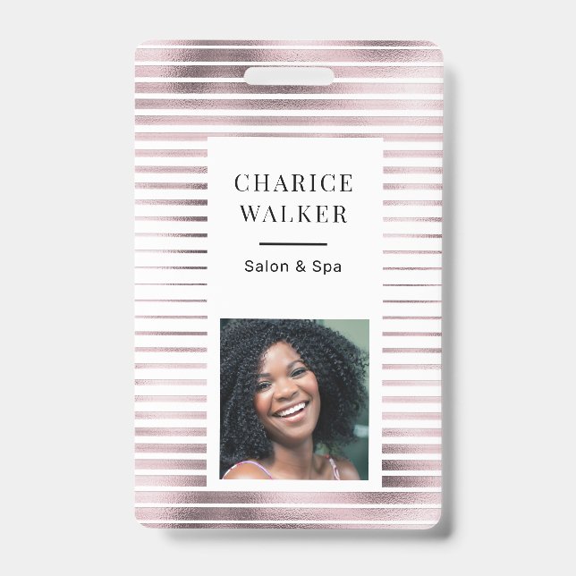 metallic stripes rose gold foil salon photo name ID badge (Front)