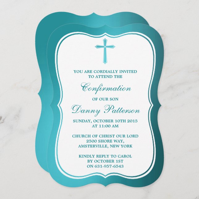 Metallic Teal Cross Holy Communion Or Confirmation Invitation (Front/Back)