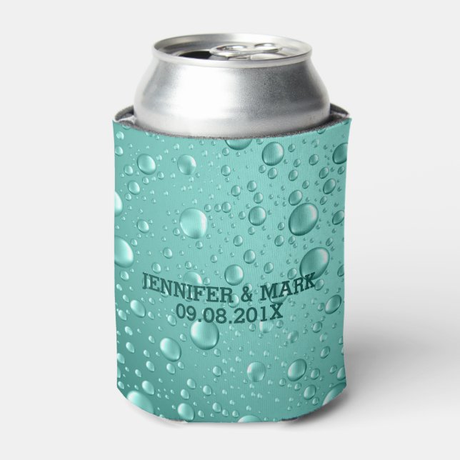 Metallic Teal-Green Abstract Rain Drops Can Cooler (Can Front)