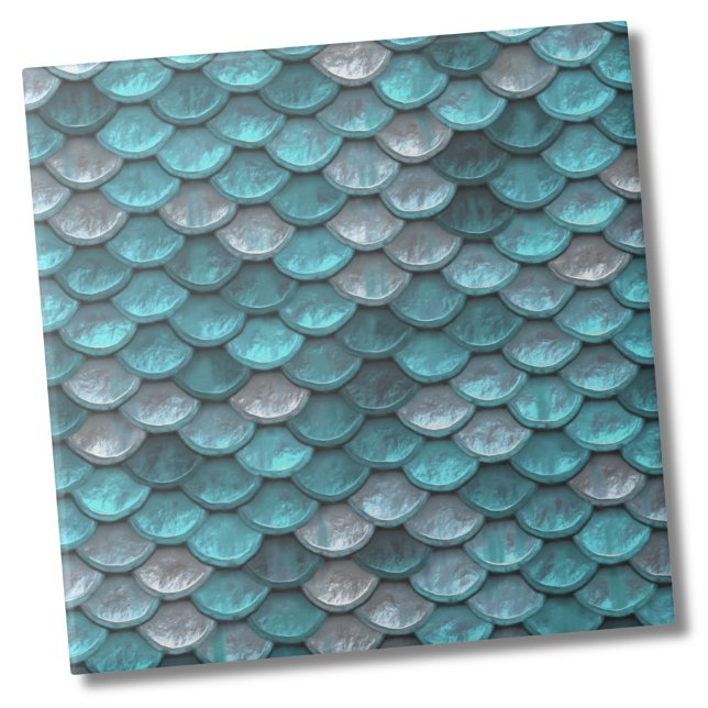 Metallic Teal Pattern Tile (Metallic Silver Light Teal Mermaid Scales Pattern Ceramic Tile)