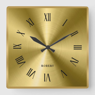 Metallic Texture Gold Border Roman Numerals Square Wall Clock
