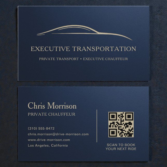 Metallic Transport Car QR Code Navy Blue & Gold Business Card (Creator Uploaded)
