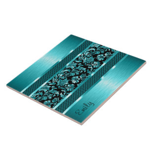 Metallic Turquoise  And Black Damasks And Metal Tile